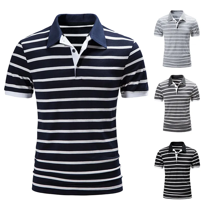 Summer Men Casual Polo Shirts Striped Men's Sportswear Jogger Polos Slim Fit Breathable Outdoor Tops Tee Shirt Stand Collar