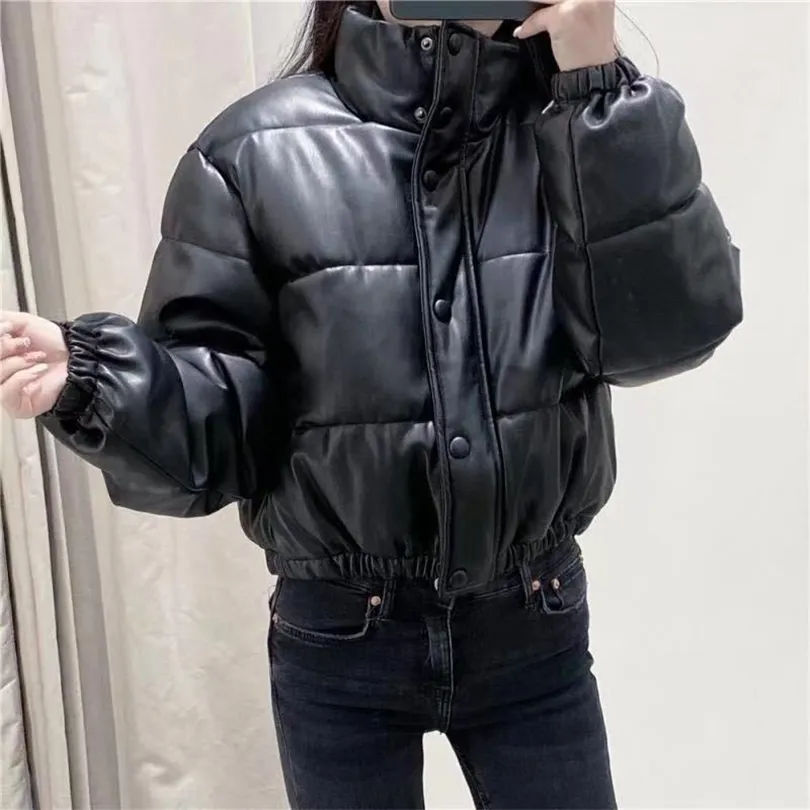 Womens Down Parkas XPQBB Autumn Winter Thick Warm Jacket Women Black Pu Leather Zipper Cotton Padded Coat Woman Stand Collar Short Down Parkas 220929