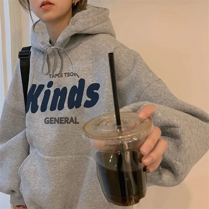 Kadın Hoodies Sweatshirts Kadınlar All-Match artı kadife vintage kadın cepler çizim kadın eğlence moda bahar kolej ins 220930