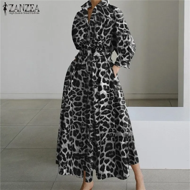 L￤ssige Kleider Zanzea Elegant Herbst Leopard bedruckter Sund.