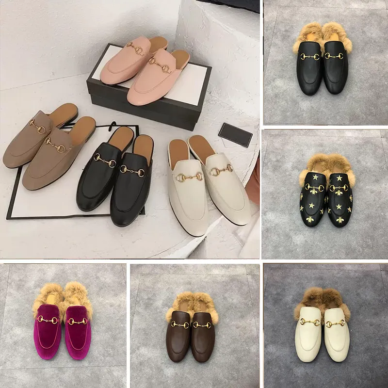 Zapatillas de diseñador para hombre y mujer, zapatillas Princetown, sandalias de cuero genuino, mocasines peludos esponjosos, zapatos informales con hebilla de Metal, zapatillas de terciopelo