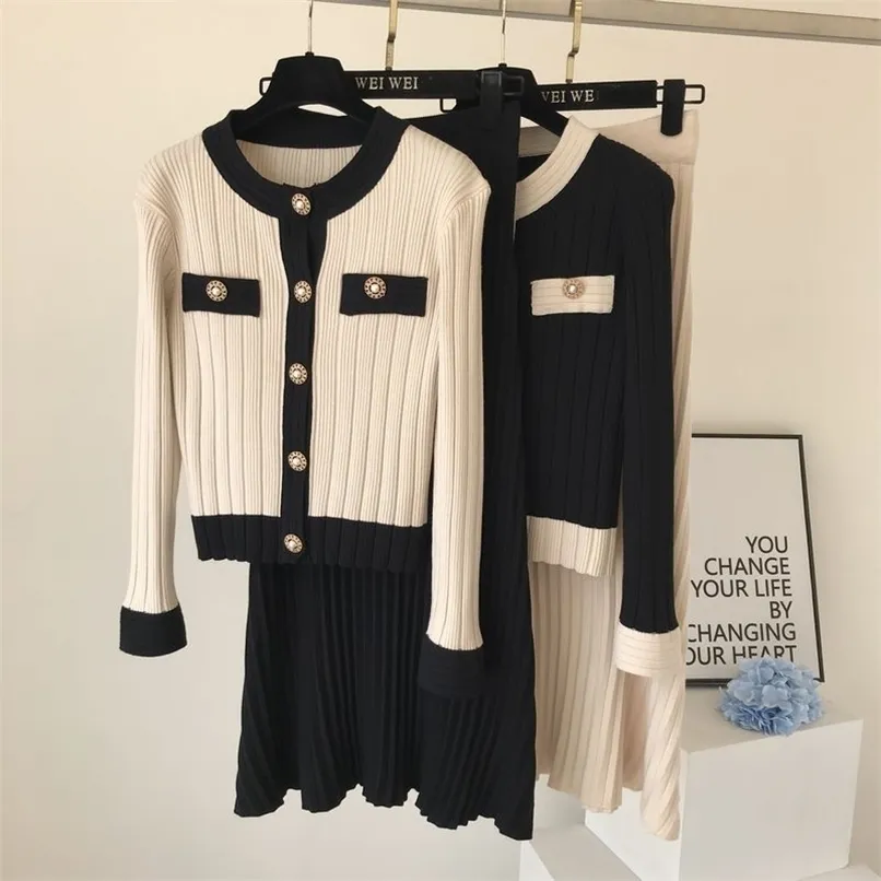 Two Piece Dress High Quality Spring Fall Knit 2 Set Women Office Lady Single Breasted Sweater Cardigan Pleated Long Skirt Suit Sets 220930