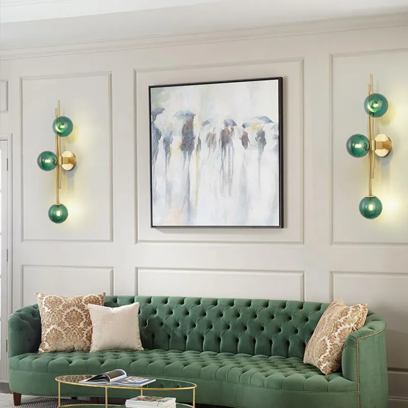 Lampes murales boule de verre blanc vert pour salon chambre nordique décor à la maison applique de chevet hôtel allée or luminaires