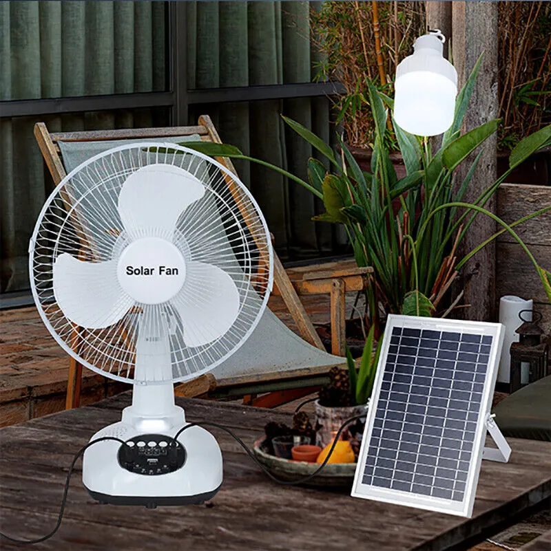 Zonne-fan 12 '' High-snelheid oplaadbare fans met LED-lamp voor koelluchtventilatoren voor thuiskantoor