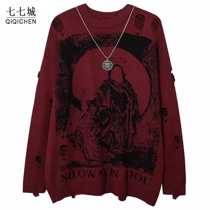 Men's Sweaters Hip Hop Priest Salvation Print Men Knitted Street Hole Ripped Loose Harajuku grim Reaper With Chain Pullover Jumpers 220930