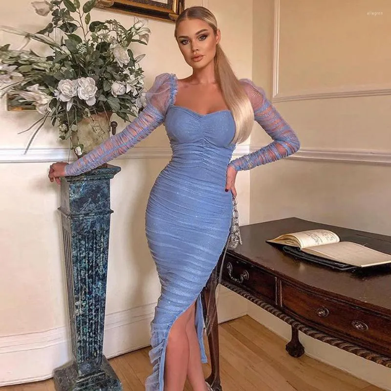 Casual Dresses 2022 Fall Fashion Light Luxury Ladies Sky Blue Long Sleeve Dress Mesh Puff Split Bright Silk BodyCon