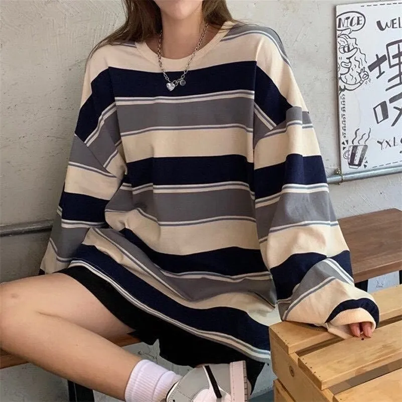 Kvinnors hoodies tröjor Autumn Striped Overized Sweatshirt Kvinnor Harajuku Pullovers Koreanska modepar som matchar långärmad toppar Streetwear 220930