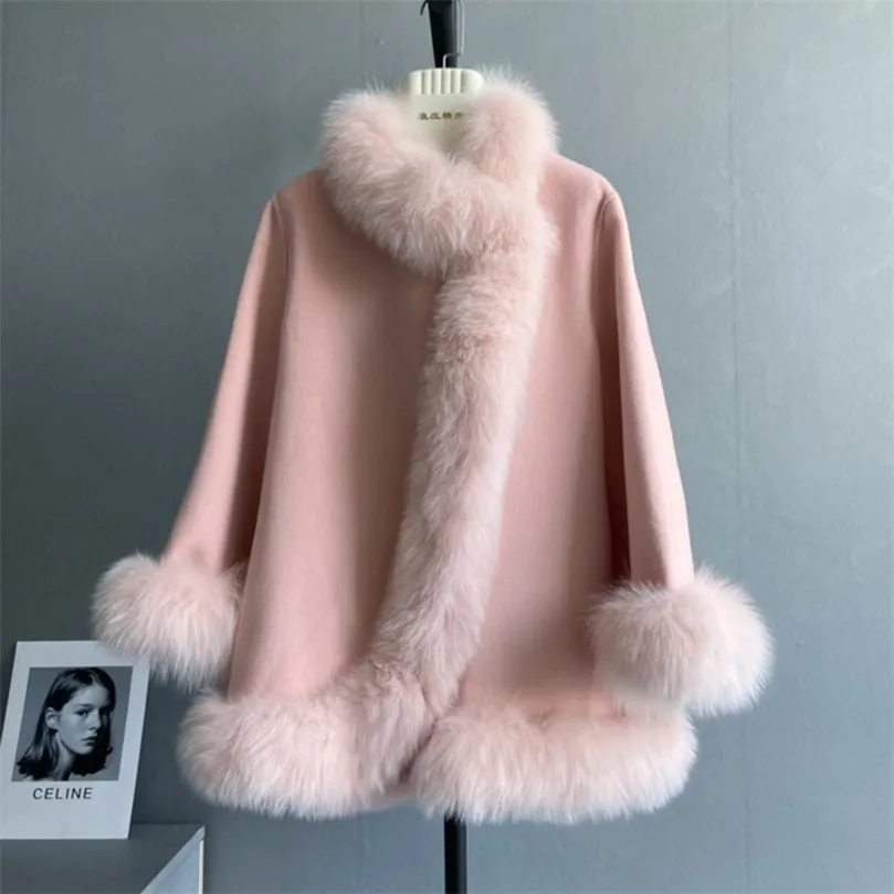 Womens Fur Faux ZDFURS Elegant Chinese Socialite Style MidLength DoubleSided Wool Cashmere Cape Coat Female Winter 220929