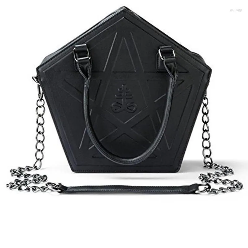 Bolsas de ombro Pentagram Punk Darkness Gothic Star Handbag Mulher Girl preto Pu macio de couro macio com corrente