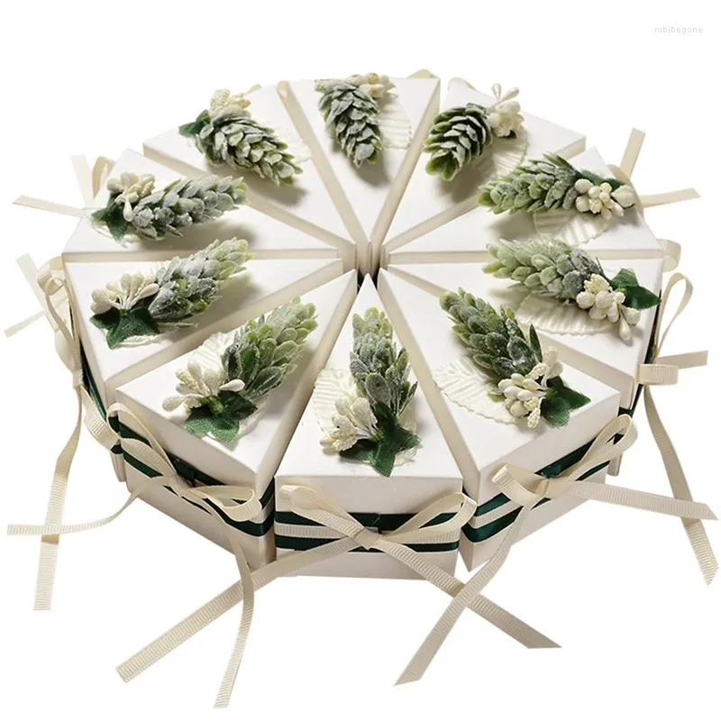 Cadeau cadeau 30 pcs boîtes de faveur de bonbons forme de gâteau boîte de style forêt verte avec blanc et rubans pour la douche d'anniversaire
