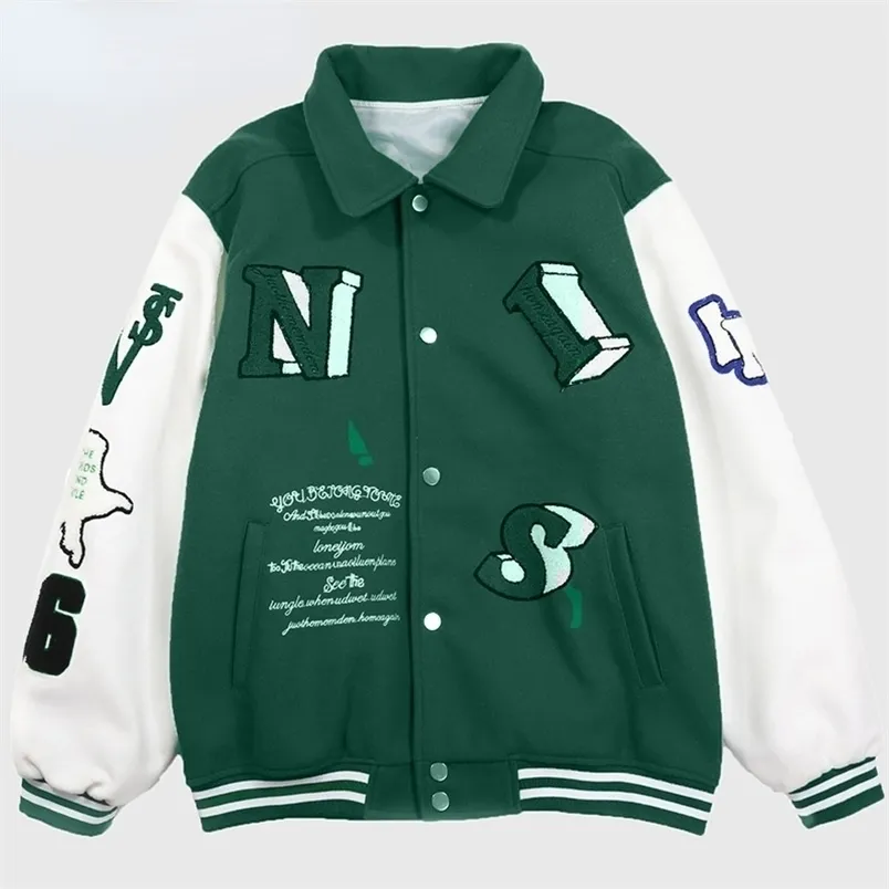 Herrjackor Letter Skull Baseball Uniform Green Embroidery American Fashion Jacka Lapel Single Breasted Men's and Women's Brand 220930