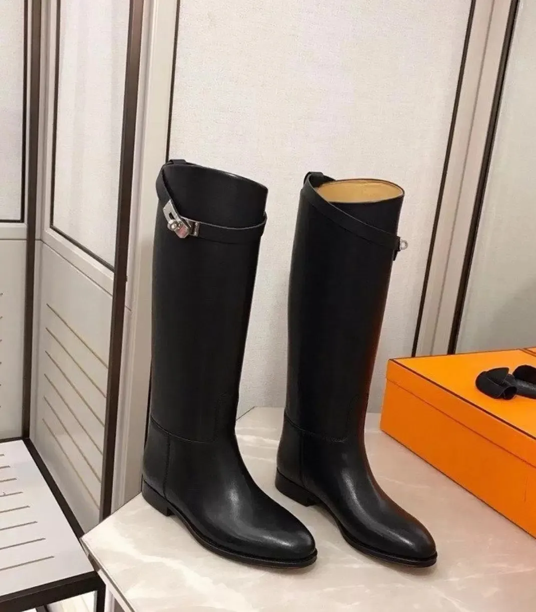 Famous Winter Brand Women Variation Tall Boots Black Calfskin Leather Jumping Rubber Sole Long Knee Boot Wrap-around Ankle Strap Lady Knight Booty EU35-42