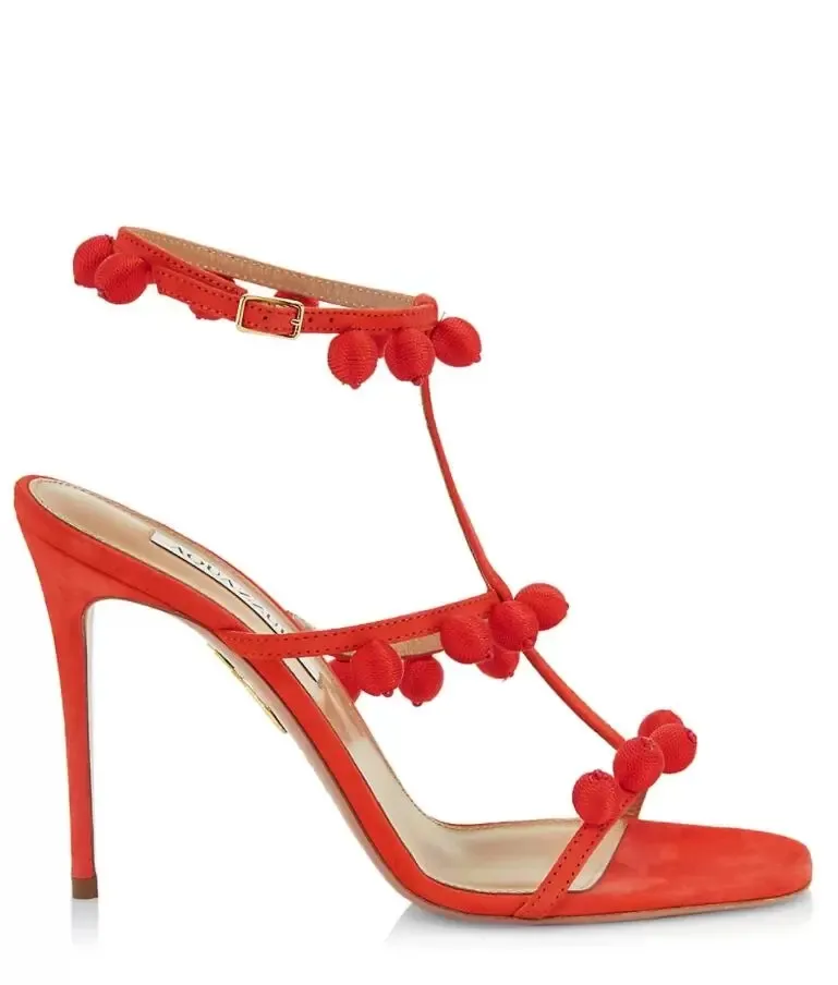 Luxury Elevated Lady Sandals With Pompom Embellished Suede And Box Cha