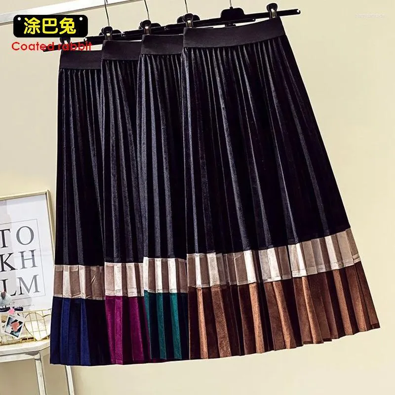 Spódnice żeńskie vintage aksamitne plisowane spódnice kobiety na jesienne zimowe koreańskie mody panie wysoka talia maxi femme