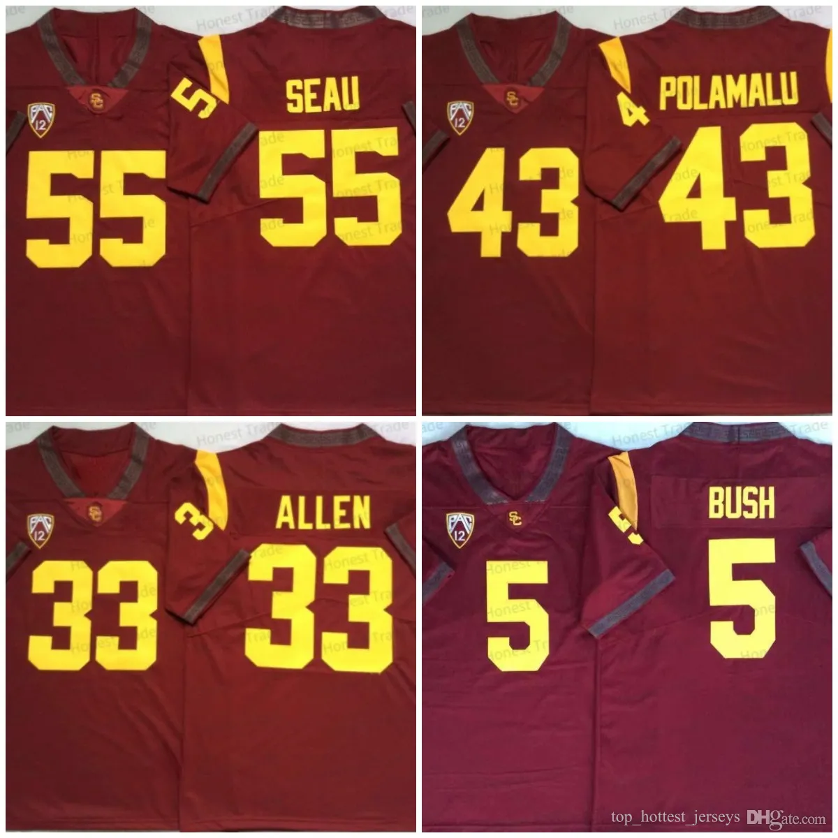 USC Football Jersey Trojans Troy 55 Junior Seau 5 Reggie Bush Polamalu 32 OJ Simpson Rouge Collège Rouge Blanc Hommes Maillots Cousus