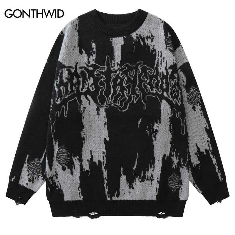 Men's Sweaters Hip Ripped Sweaters Grunge Y2K Vintage Knitted Punk Gothic Streetwear Jumpers Sweater Men Women Harajuku Fashion Pullover T220928