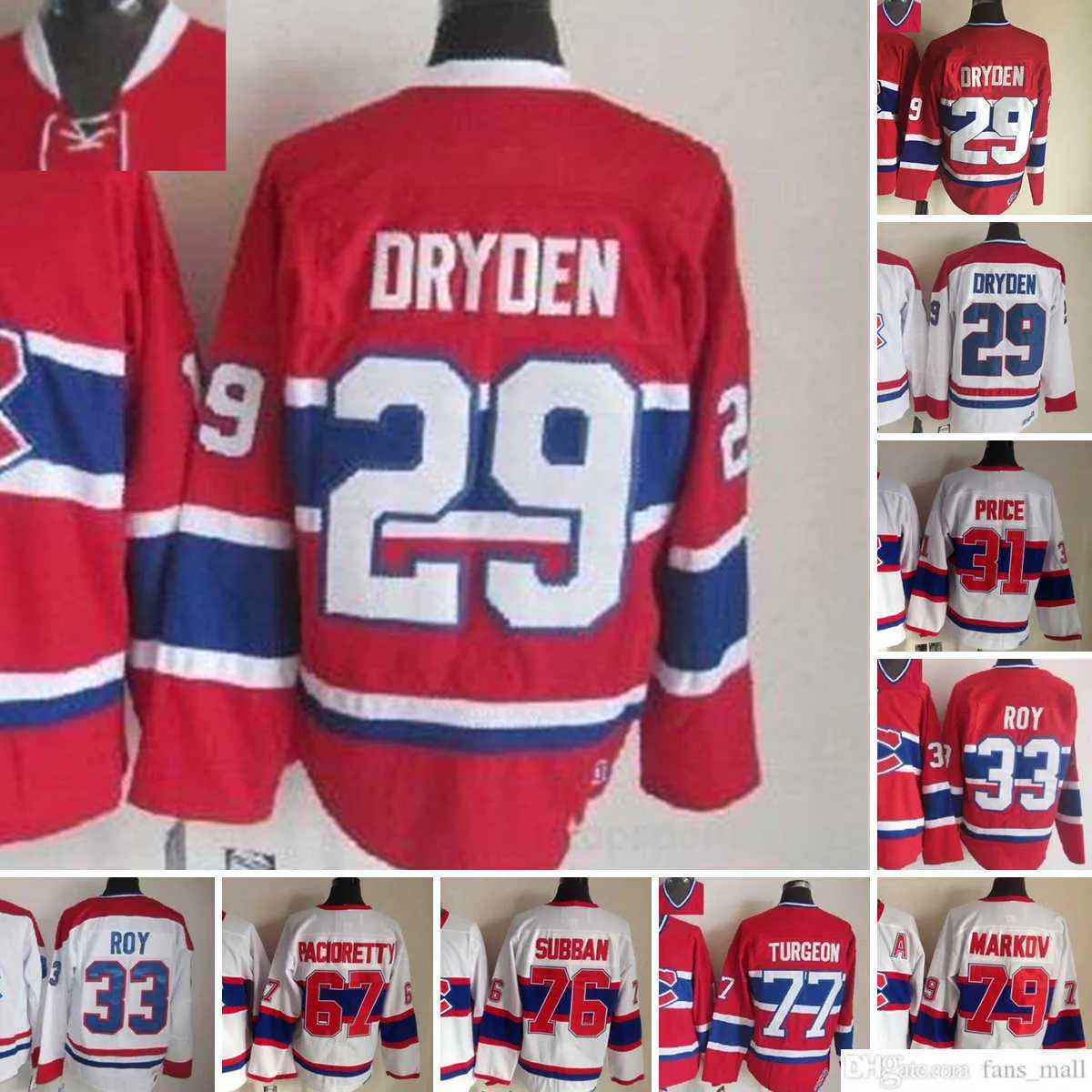 Film CCM Vintage Hockey sur glace 29 Maillots Ken Dryden 33 Patrick Roy 31 Carey Price 67 Max Pacioretty 76 PK Subban 77 Pierre Turgeon 79 Andrei Markov Maillot de broderie pour hommes