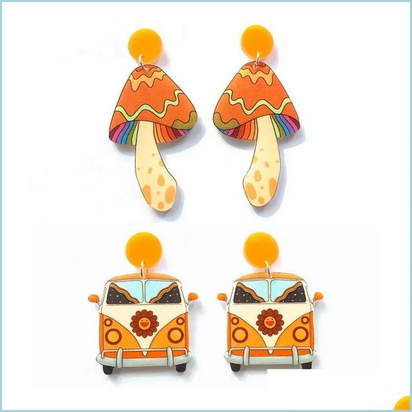 Stud Stud Lovely Colorf Cartoon Champignon Et Voiture De Voyage Avec Des Fleurs Uv Print Acrylique Orange Boucles D'oreilles Pour Womenstud Drop Deliv Mjfashion Dhhic