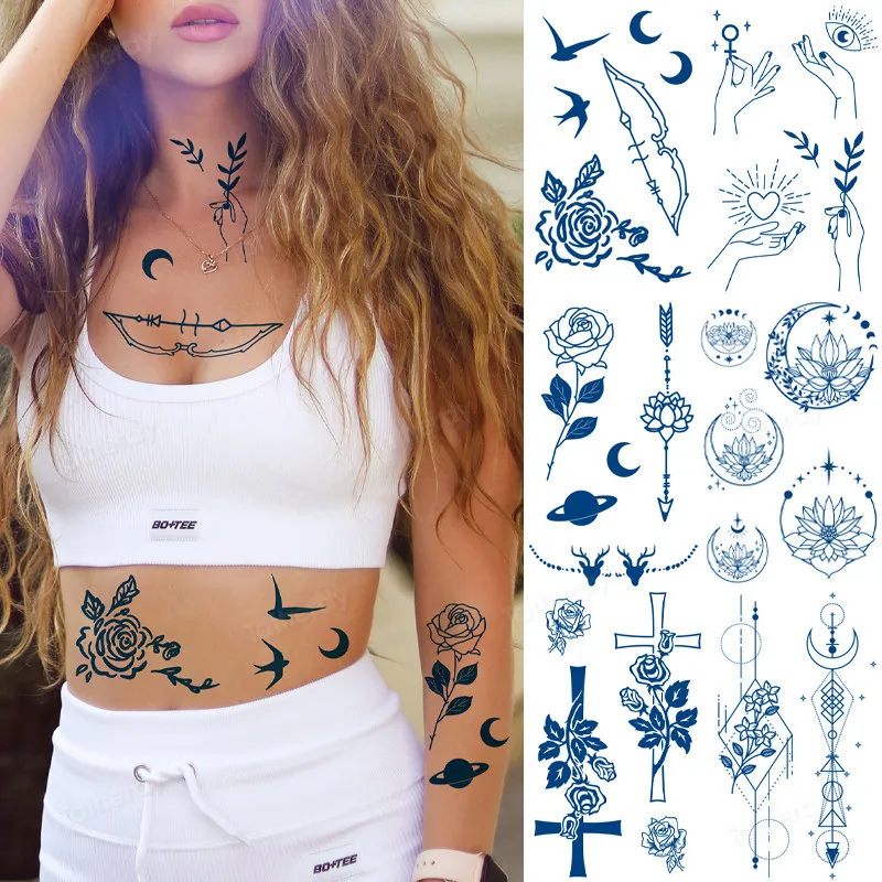 Tijdelijke tatoeages 8pcs Lot kruidensap tattoo stickers semi permanent blijvende vrouwen waterdichte zweetplant inkt rozenbloemen 220930