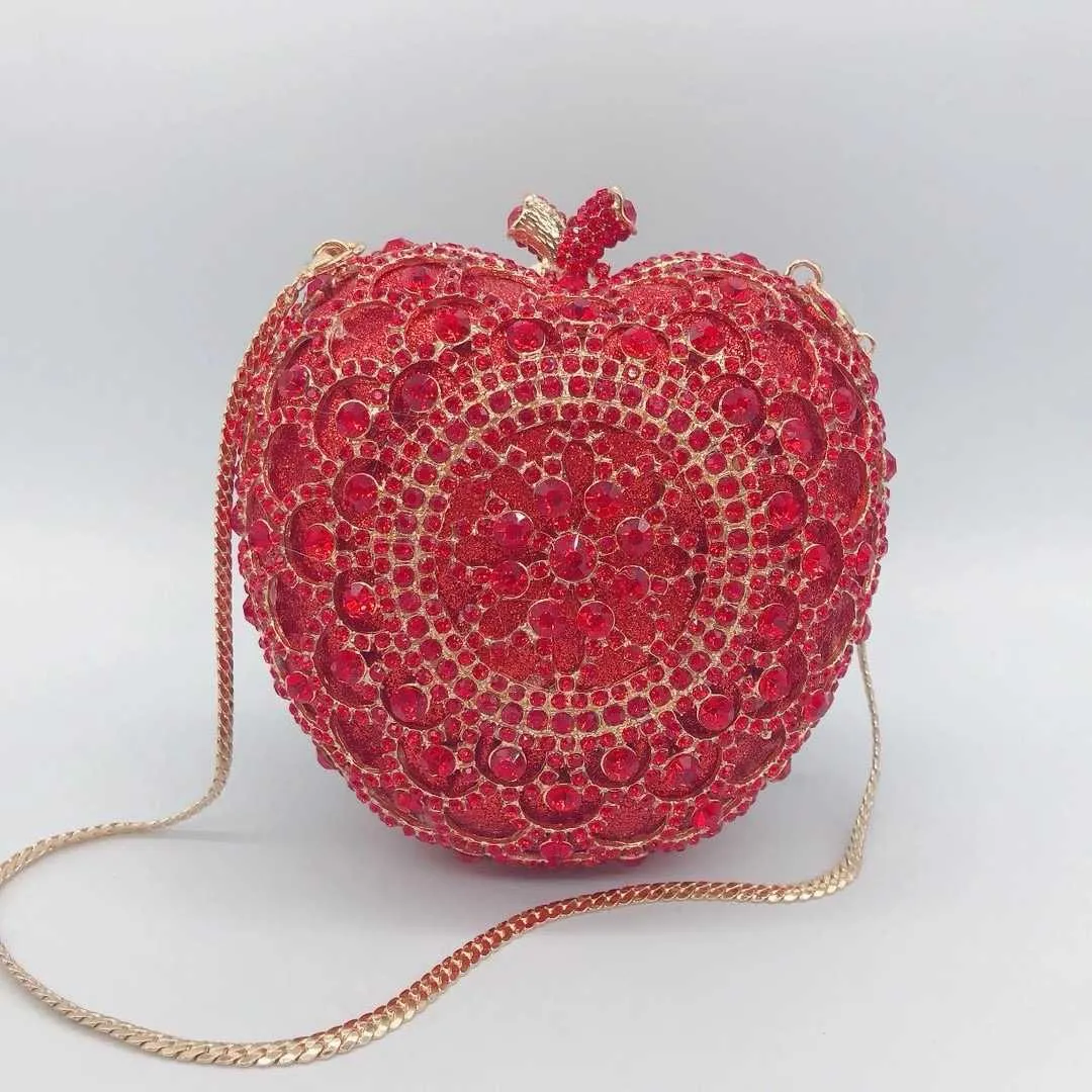 Evening Bags Lyx Röd Apple Form Clutch Design Strass Bröllopshandväska Dam Guld Metall Evening Clutches Väska Mini Dam Diamantväskor L220929