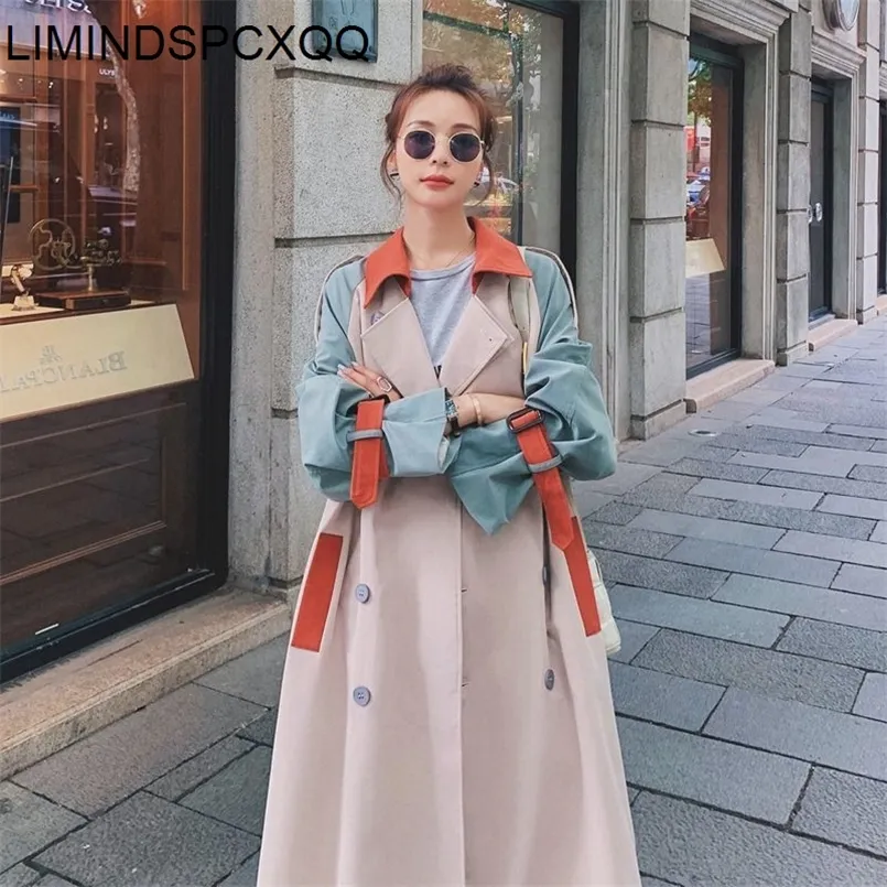 Chique dames kleur bijpassende windjager voorjaar herfst Koreaanse losse lange overjas vrouwelijke Britse trench jas met riemtoppen 220811