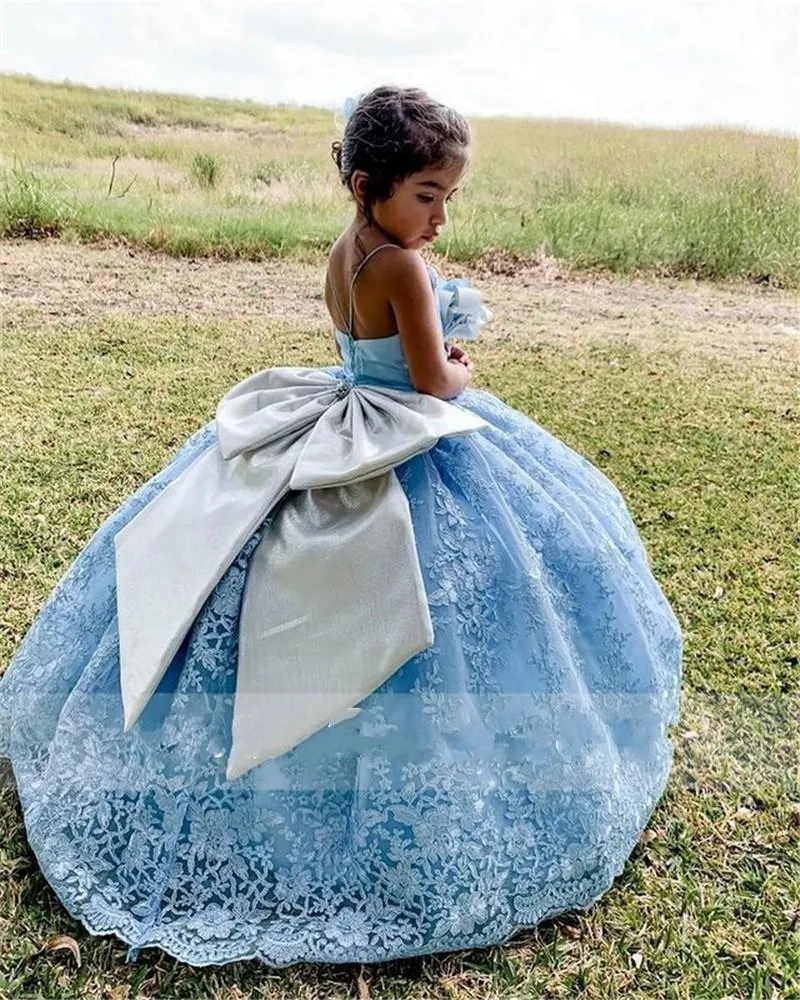 Light Blue Lace Applique Pageant Dress for Girls with Silver Bow and Spaghetti Straps - Perfect for Birthdays and special occasions - 2022 Collection Light Blue Lace Applique Pageant Dress for Girls with Silver Bow and Spaghetti Straps - Perfect for Birthdays and special occasions - 2022 Collection