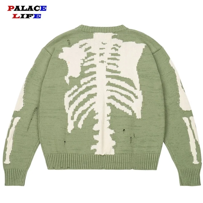 Maglione lavorato a maglia vintage da uomo oversize verde scheletro allentato con stampa di ossa da donna di qualità High Street Damage Hole 220811