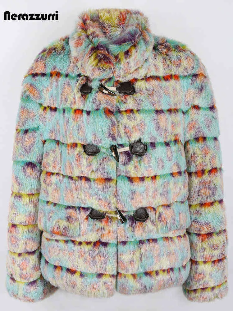 Nerazzurri Winter Oversized Colorful Thickened Warm Soft Hairy Faux Fur Coat Women Horn Button Stylish Loose Fluffy Jacket 2022 T220810