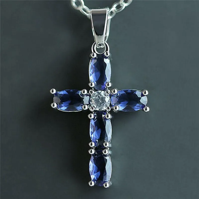 Chaînes croix pendentif bijoux pour femmes collier cadeau mode argent couleur bleu principal pierre chaînes