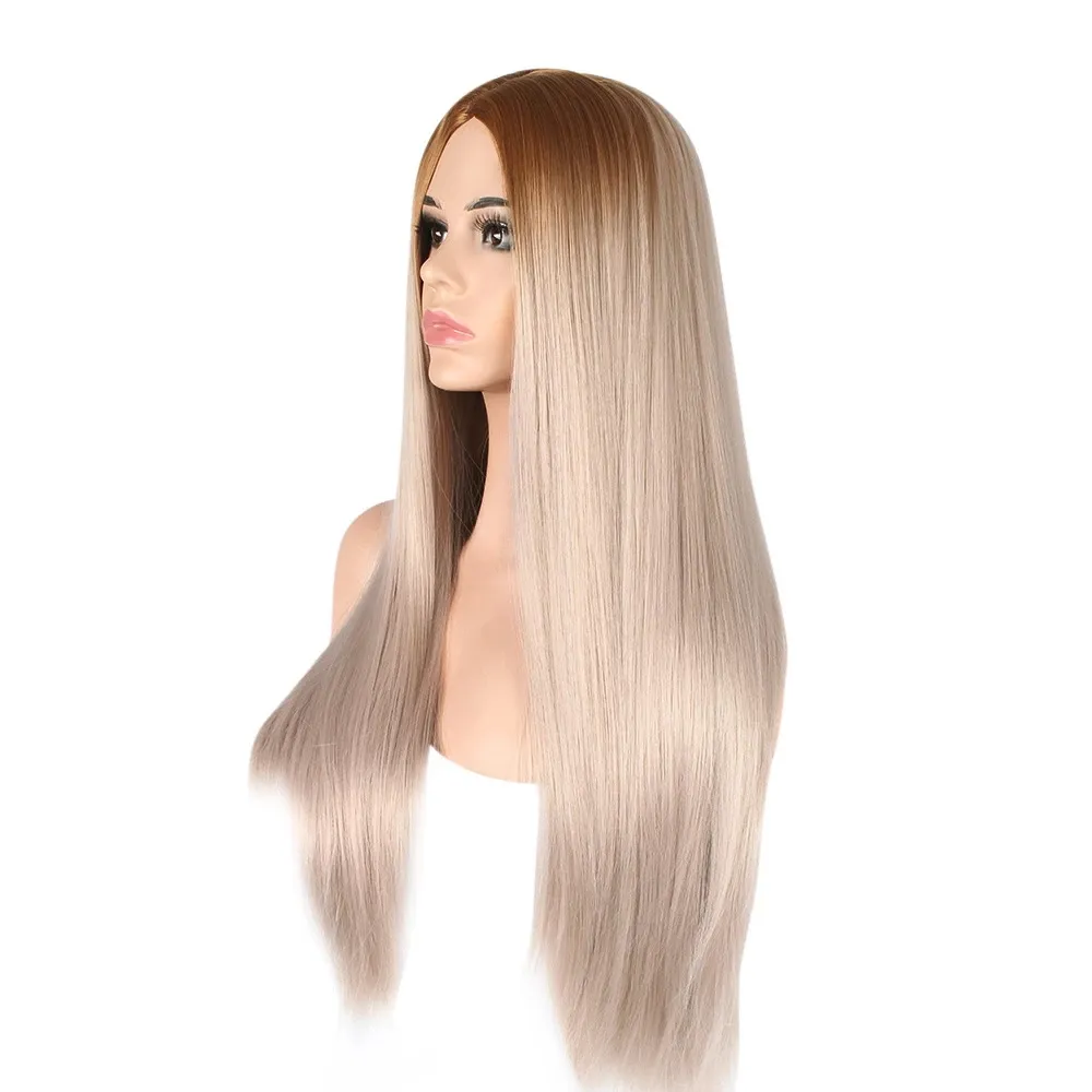灰色の合成かつらの長いまっすぐな茶色の髪の白人女性のためのミドルパーツコスプレ自然髪の耐熱性