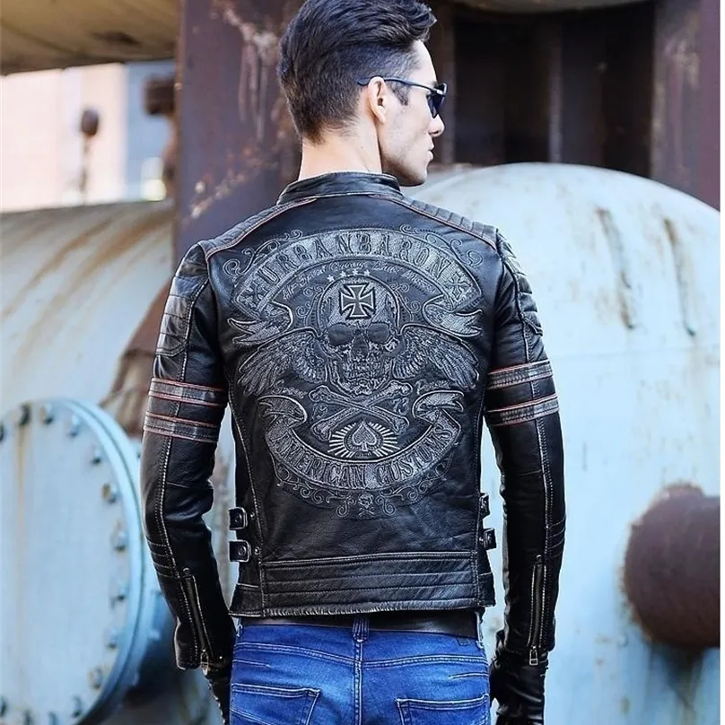 .Brand skull cowhide coat.black slim genuino clothesmens rider leather cloth.Chaqueta de cuero esqueleto 220811