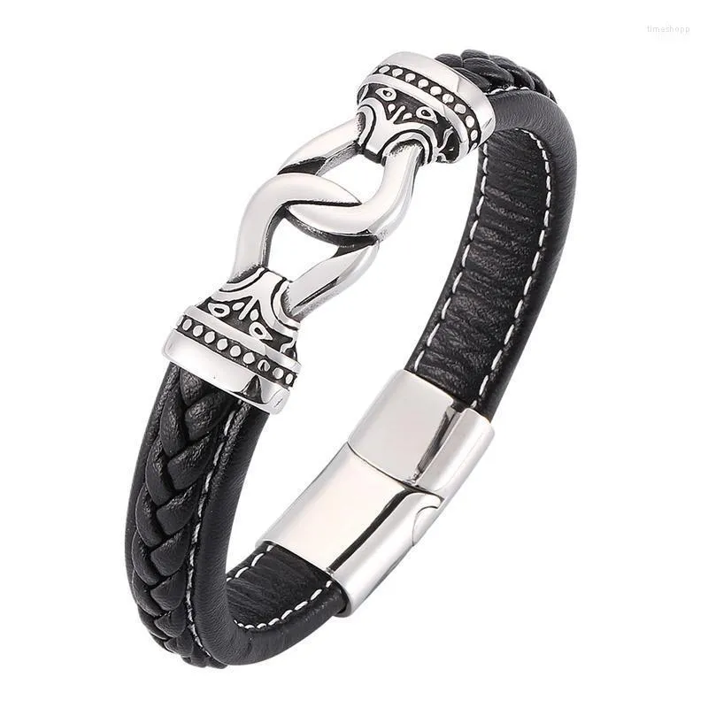 Bracelet Punk en cuir tressé noir pour hommes, boucle magnétique en acier inoxydable, bijoux de fête Rock, cadeaux SP0186