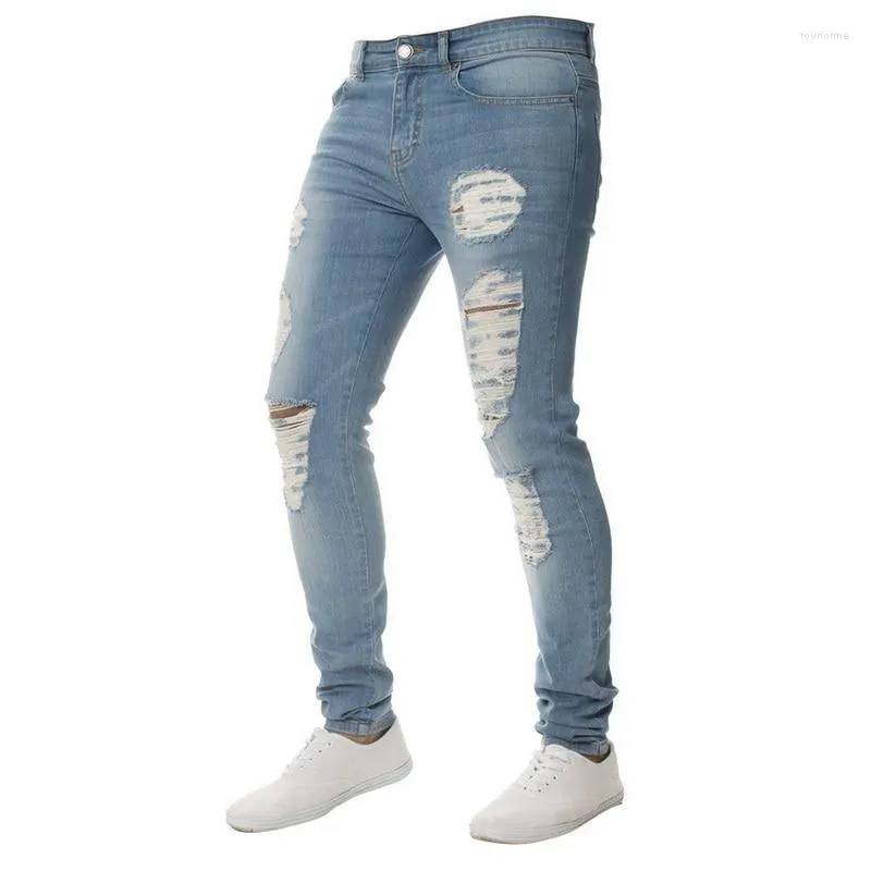 2022 Skinny Jeans Erkekler Moda Katı Siyah Erkek Denim Kalem Gündelik Seksi Delik Erkek Artı Boyut
