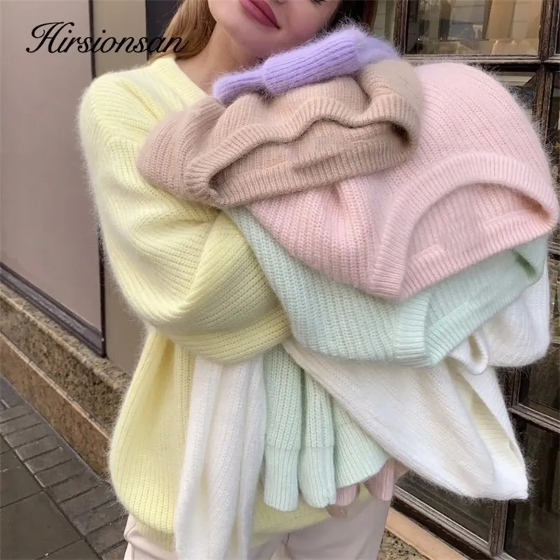 Hirsionsan Soft Loose Sticked Cashmere Sweaters Women Winter Loose Wolid Female Pullovers Warm Basic Knitwear Jumper 220811