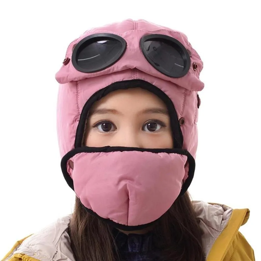 Çocuklar için sıcak kış tutmak için çocuk bombardıman şapkası çocuklar su geçirmez kulak kaput şapkası ile gözlük maskesi serin balaclava2612