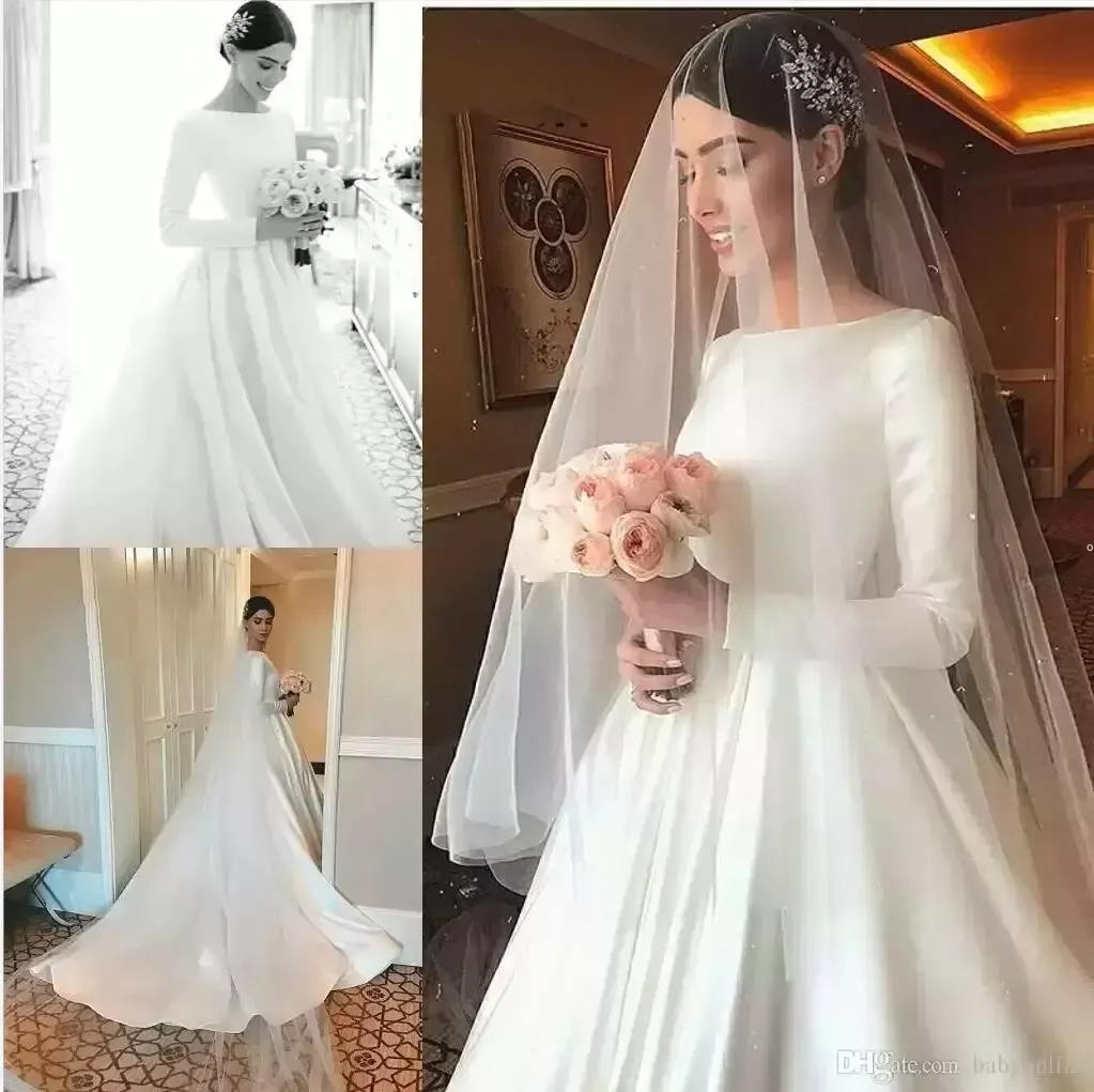 Plain Designed Satin Wedding Dresses 2023 Modest Long Sleeve Beteau Neckline Court Train Bridal Gowns Formal Robe de mariage BC4510 B0804G06