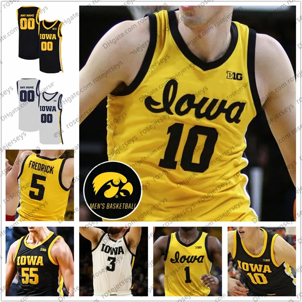 Custom Iowa Hawkeyes 2020 Nieuw geel basketbal #55 Luka Garza 10 Wieskamp 22 McCaffery 5 Fredrick 3 Bohannon Murray White Black J2521