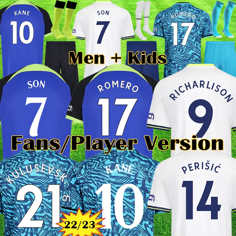 22 23 Kane Son Richarlison Soncer Soccer Jerseys Player Version Kulusevski Hojbjerg Away 2022 2023 Perisic Third Romero Tottenham Football Kit Shirt Bentancur Men Kids Set