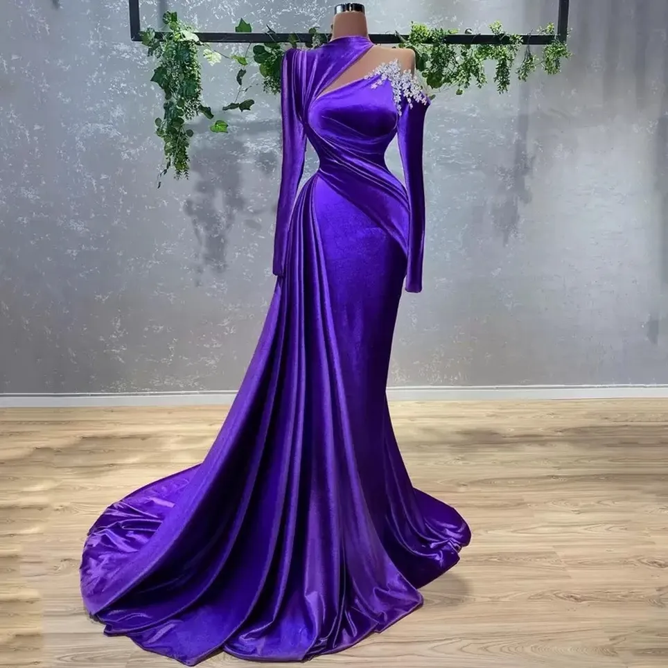 Sexy Mermaid Purple Evening Dresses 2023 With Beaded Crystals Long Sleeve Satin Party Occasion Gowns Pleats Ruffles Prom Dress Wears GB1108