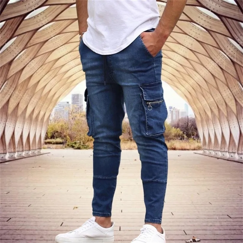 Jeans Slim Fit Stretch Fashion Casual Multi Pocket Pocket Denim Pantalons tous les jours pour hommes Street Street Work Hip Hop Pantalon 220811