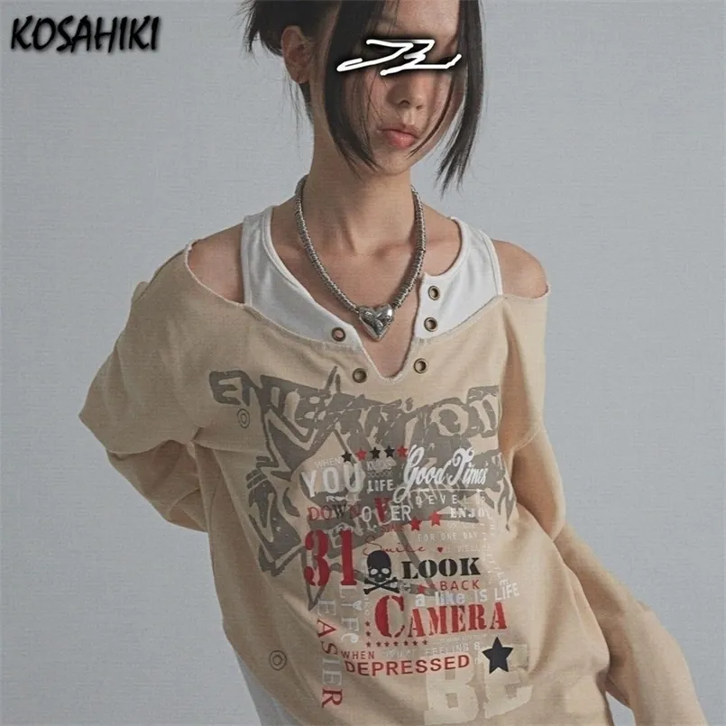 Kosahiki Punk Asymmetrical Off Shoulder Long Sleeve Tshirt Women Harajuku gothic Print Patchwork Tshirts Y2K Aesthetic Top 220809