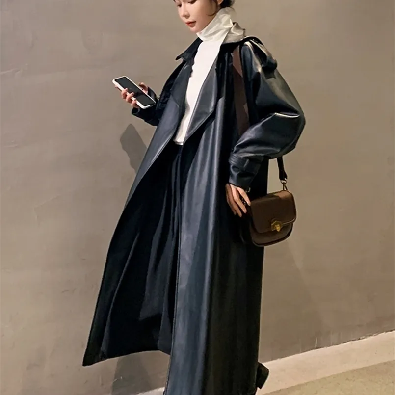 Nerazzurri vår svart överdimensionerad vattentät lädergravrock för kvinnor långärmad lös koreanska modekläder 220811