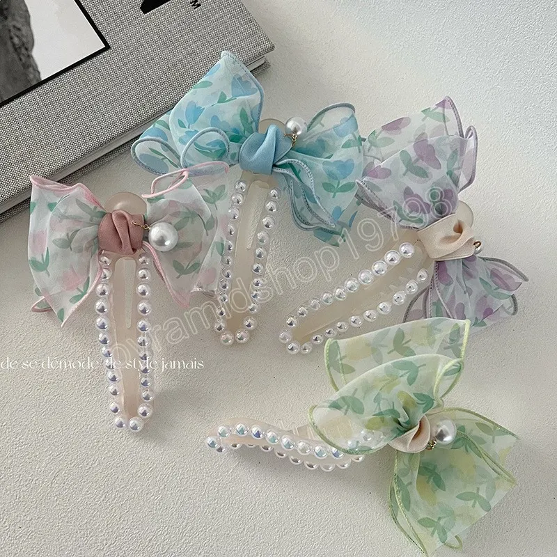 Koreanische Tulip Print Mesh Perle Haar Klaue Haarnadeln Mädchen Bowknot Clip Haar Zubehör Frau Headwear Barrettes