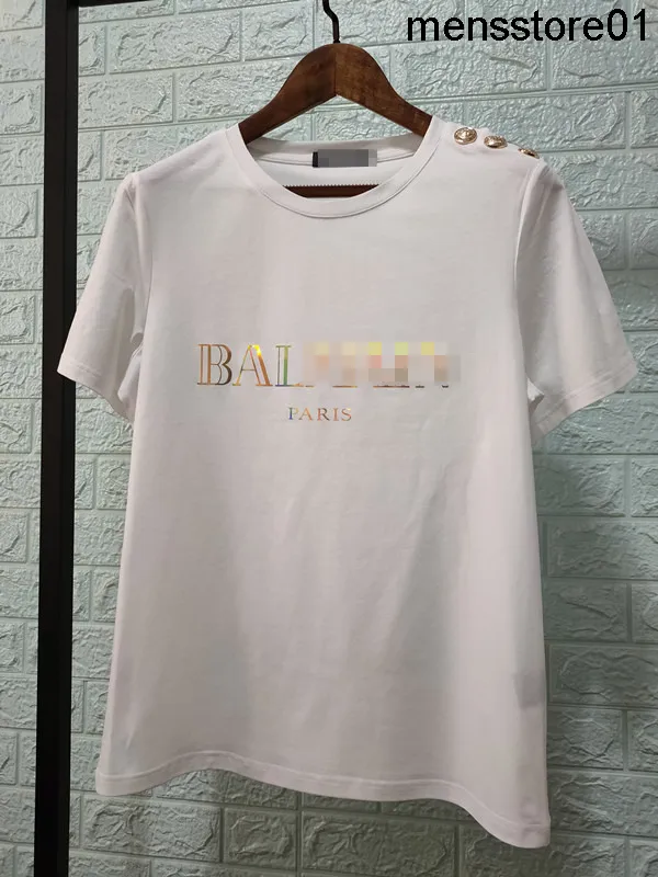 Frühlings- und Sommer-New Balmnss Farbe Laser Schulter Gold Golded Letter Cotton Short Sleeve T-Shirt