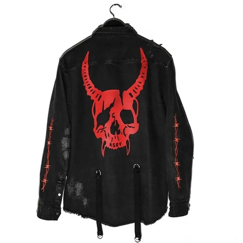Harajuku Gothic Skull Black Denim Jacket Men Rock Punk Heavy Metal Sweatshirt Sudadera Suspenders Hole Streetwear 220811