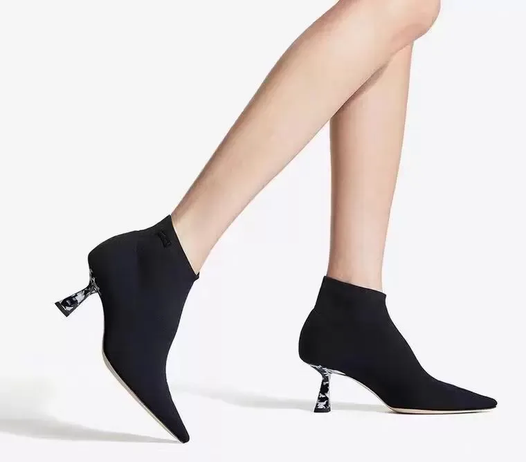 موضة نساء عالية أعلى تمتد أحذية الكاحل الحذاء السوداء مارتن أحذية السيدات السيدات الكعب العالي الجورب الجورب المطرزات تمزح أحذية مصمم النسيج مع صندوق