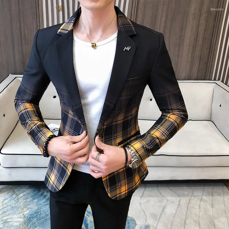 Blazer xadrez masculino com degradê gradiente vestido de noiva amarelo vermelho 2022 ajuste fino com botão único paletó moderno