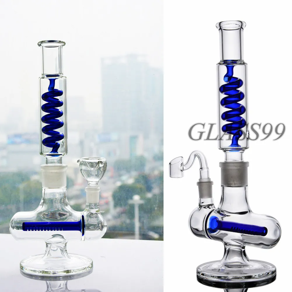 Vidro Reciclador Grosso Narguilé Congelável Coil Condensador Tubo de Água Braço Árvore Perc Cyclone Bongs Azul Verde Espiral Plataforma de Petróleo Bubbler Tornado Fumar Shisha