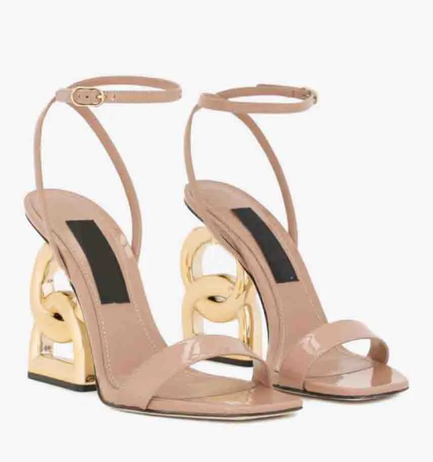 Summer Luxury Brands Patent Leather Sandals Shoes Pop Heel Keira 105mm Patent Gold-plated Carbon Nude Black Red Pumps Gladiator Sandalias With Boxes