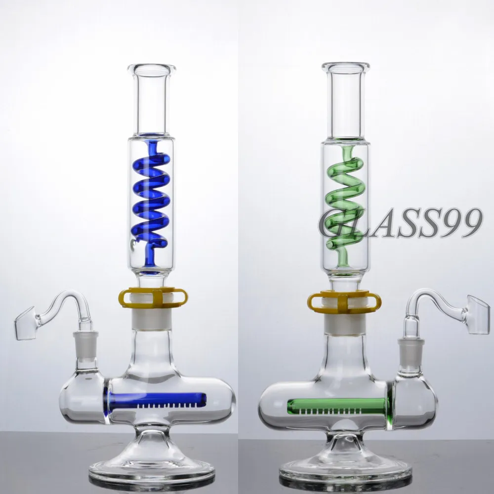 Vidro Reciclador Grosso Narguilé Congelável Coil Condensador Tubo de Água Braço Árvore Perc Cyclone Bongs Azul Verde Espiral Plataforma de Petróleo Bubbler Tornado Fumar Shisha